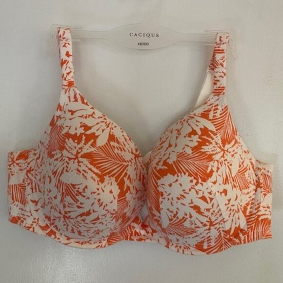 Cacique Cotton Boost Plunge T-Shirt Bra - Red Orange Plant Print  - 4 Hook - Picture 1 of 8